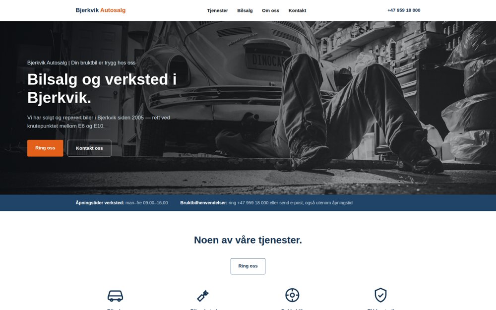 Skjermbilde av demonettsiden for Bjerkvik Autosalg