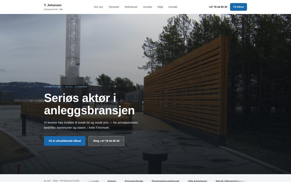 Skjermbilde av den moderniserte demonettsiden for Entreprenør T. Johansen